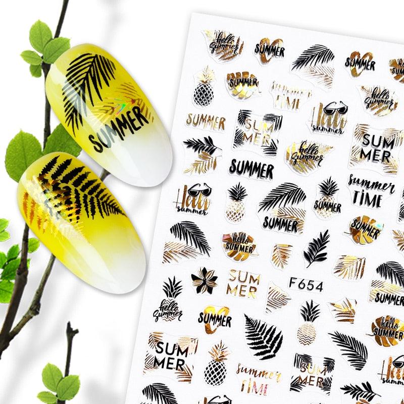Summer Glitter Nail Decals Stickers Gold Black White Leaf Manicuring Foils Geometric Slider Nail Art Adhesive Decor Adhesive 3D Wave Design Decoration for Women Girls Art Stickers Decal Decoration Metallic Curve Strip Line Nail Decor