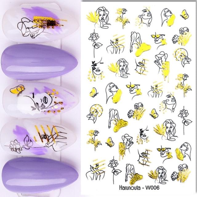 Summer Glitter Nail Decals Stickers Gold Black White Leaf Manicuring Foils Geometric Slider Nail Art Adhesive Decor Adhesive 3D Wave Design Decoration for Women Girls Art Stickers Decal Decoration Metallic Curve Strip Line Nail Decor