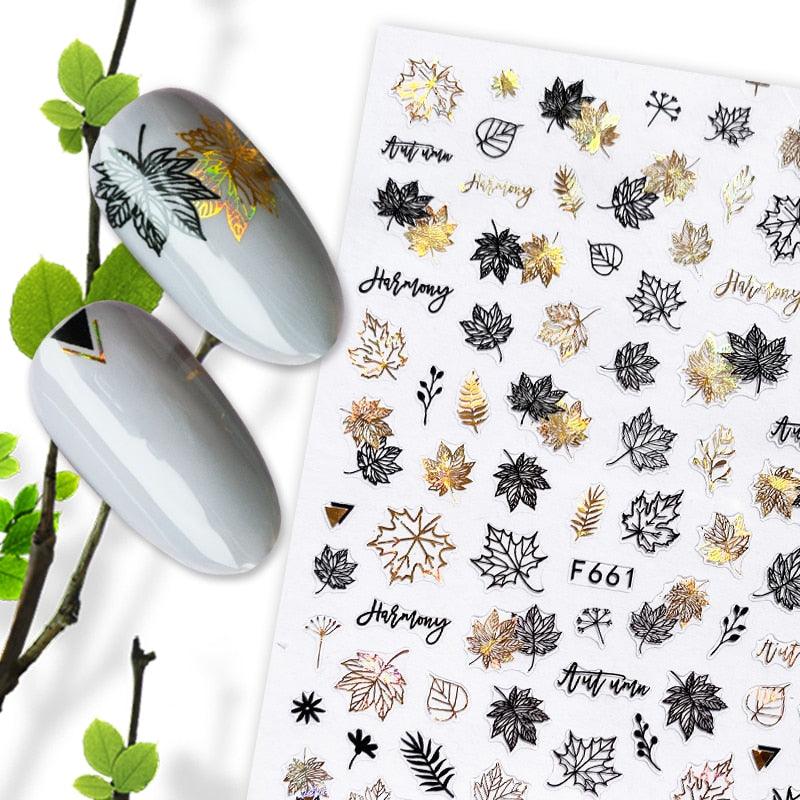 Summer Glitter Nail Decals Stickers Gold Black White Leaf Manicuring Foils Geometric Slider Nail Art Adhesive Decor Adhesive 3D Wave Design Decoration for Women Girls Art Stickers Decal Decoration Metallic Curve Strip Line Nail Decor