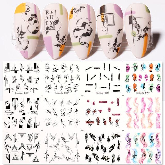 Summer Glitter Nail Decals Stickers Gold Black White Leaf Manicuring Foils Geometric Slider Nail Art Adhesive Decor Adhesive 3D Wave Design Decoration for Women Girls Art Stickers Decal Decoration Metallic Curve Strip Line Nail Decor