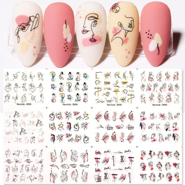 Summer Glitter Nail Decals Stickers Gold Black White Leaf Manicuring Foils Geometric Slider Nail Art Adhesive Decor Adhesive 3D Wave Design Decoration for Women Girls Art Stickers Decal Decoration Metallic Curve Strip Line Nail Decor