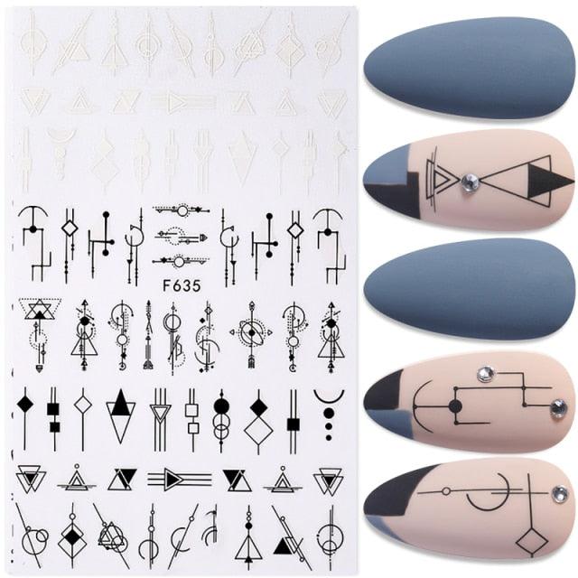 Summer Glitter Nail Decals Stickers Gold Black White Leaf Manicuring Foils Geometric Slider Nail Art Adhesive Decor Adhesive 3D Wave Design Decoration for Women Girls Art Stickers Decal Decoration Metallic Curve Strip Line Nail Decor