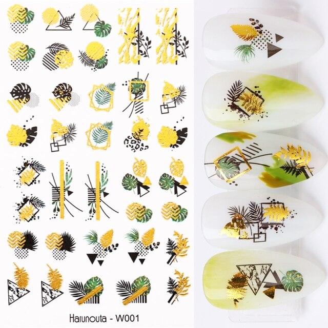 Summer Glitter Nail Decals Stickers Gold Black White Leaf Manicuring Foils Geometric Slider Nail Art Adhesive Decor Adhesive 3D Wave Design Decoration for Women Girls Art Stickers Decal Decoration Metallic Curve Strip Line Nail Decor
