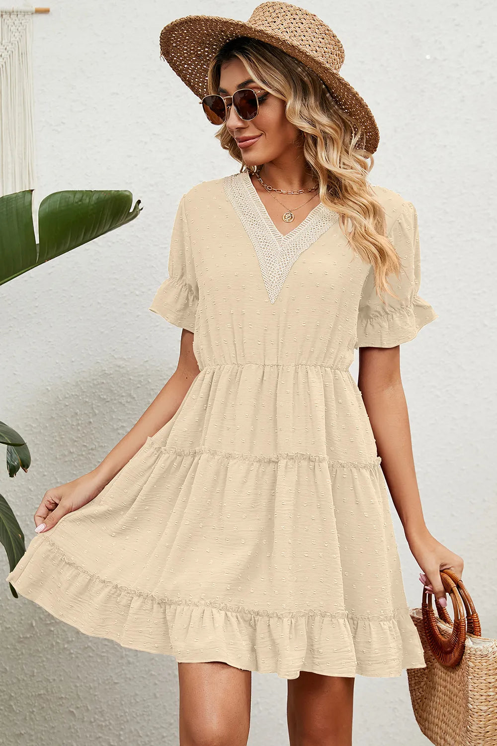 Summer Jacquard Hairball V-neck Loose Solid Color Elastic Waist Dress for Women