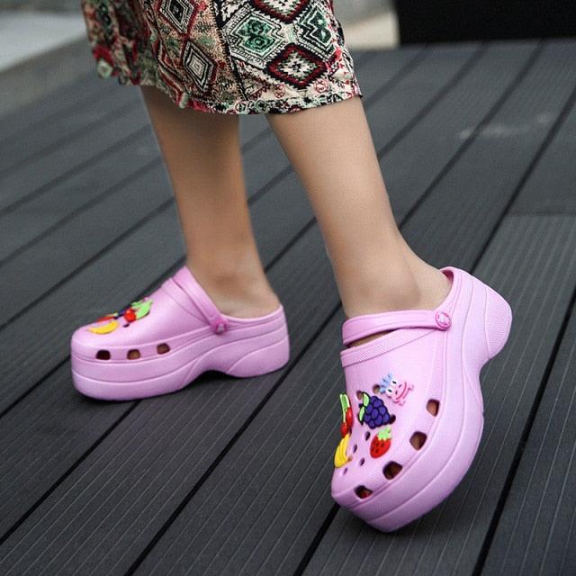 Summer Women Clogs Platform Garden Sandals Fruit Slippers Slip On Beach Shoes Fashion Slides Platform Clogs Beach Sandals Slippers For Women