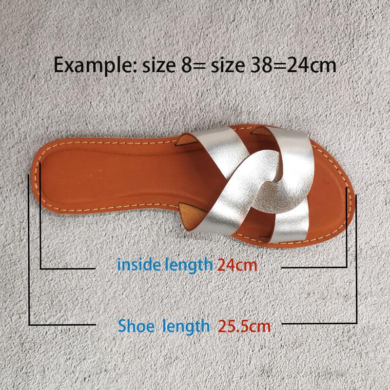 Summer Women Sandals Shoes Fashion Leather Surface Female Slippers Solid High Quality Woman Flat Slides Sandals Casual Strap Cross Slip On Sliders Beach Flat Sandals For Women