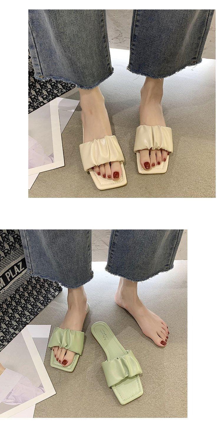 Summer Women Sandals Slippers Pleated Flip Flop Casual Beach Square Open Toe Shoes Outdoor Slippers Open Toe Flat Sandals Slip On Slide Sandals Strap Flat Sandals