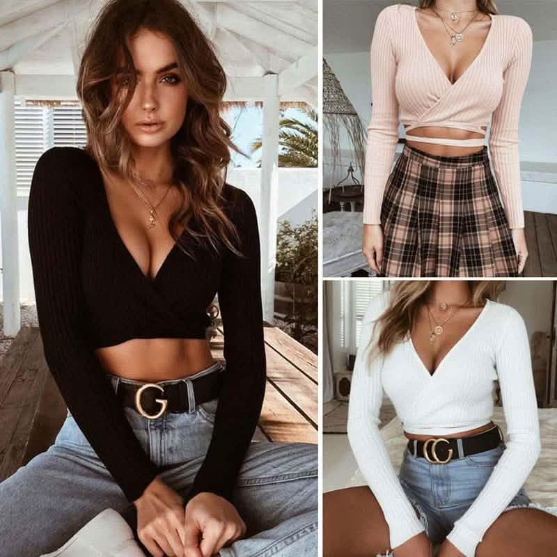 Summer Women Slim Long Sleeve Tee Cross V-neck Sexy Crop Top