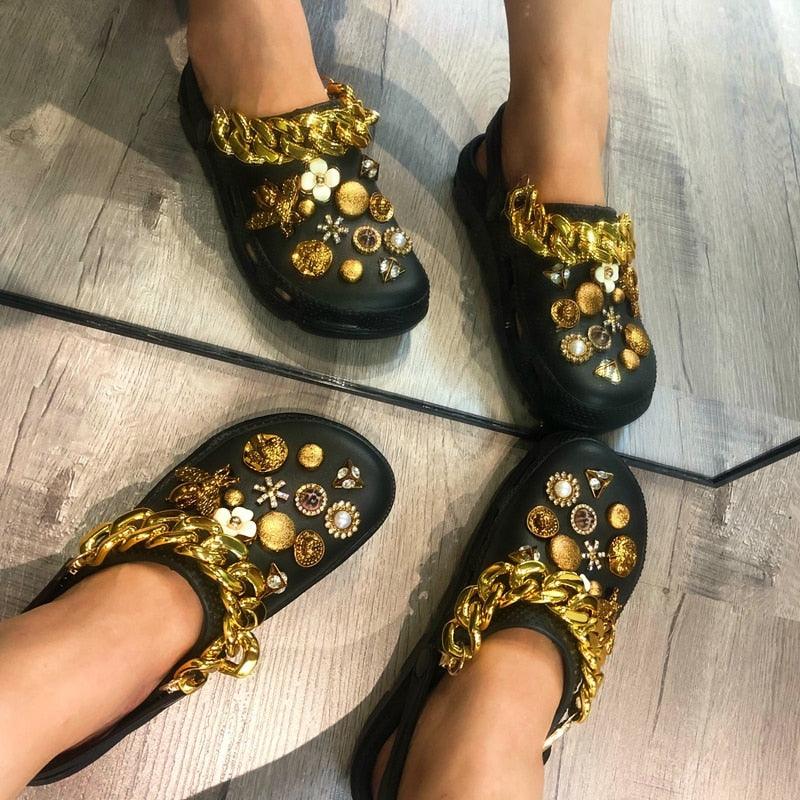 Summer Women Slippers Shoes With Charms Jewelry Garden Shoes Wedges Platform Sandals Antiskid Clogs Crystal Shoe Charms For Clog Sandals Jewelry Pearl Rhinestones Diamond Bling Shoe Decoration Fits Hole Shoes For Women