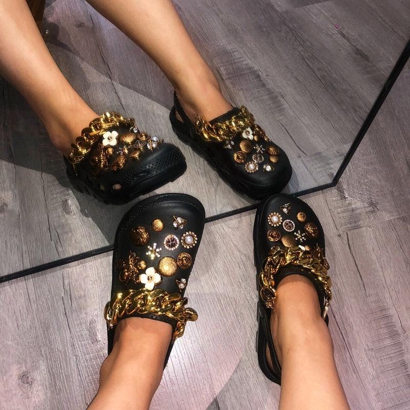 Summer Women Slippers Shoes With Charms Jewelry Garden Shoes Wedges Platform Sandals Antiskid Clogs Crystal Shoe Charms For Clog Sandals Jewelry Pearl Rhinestones Diamond Bling Shoe Decoration Fits Hole Shoes For Women