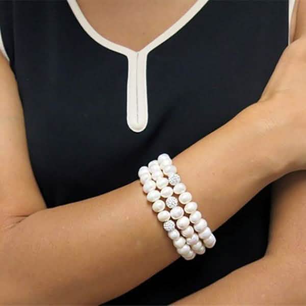 Swarovski Crystal Ball And Genuine Freshwater Pearl Stretch Bracelet