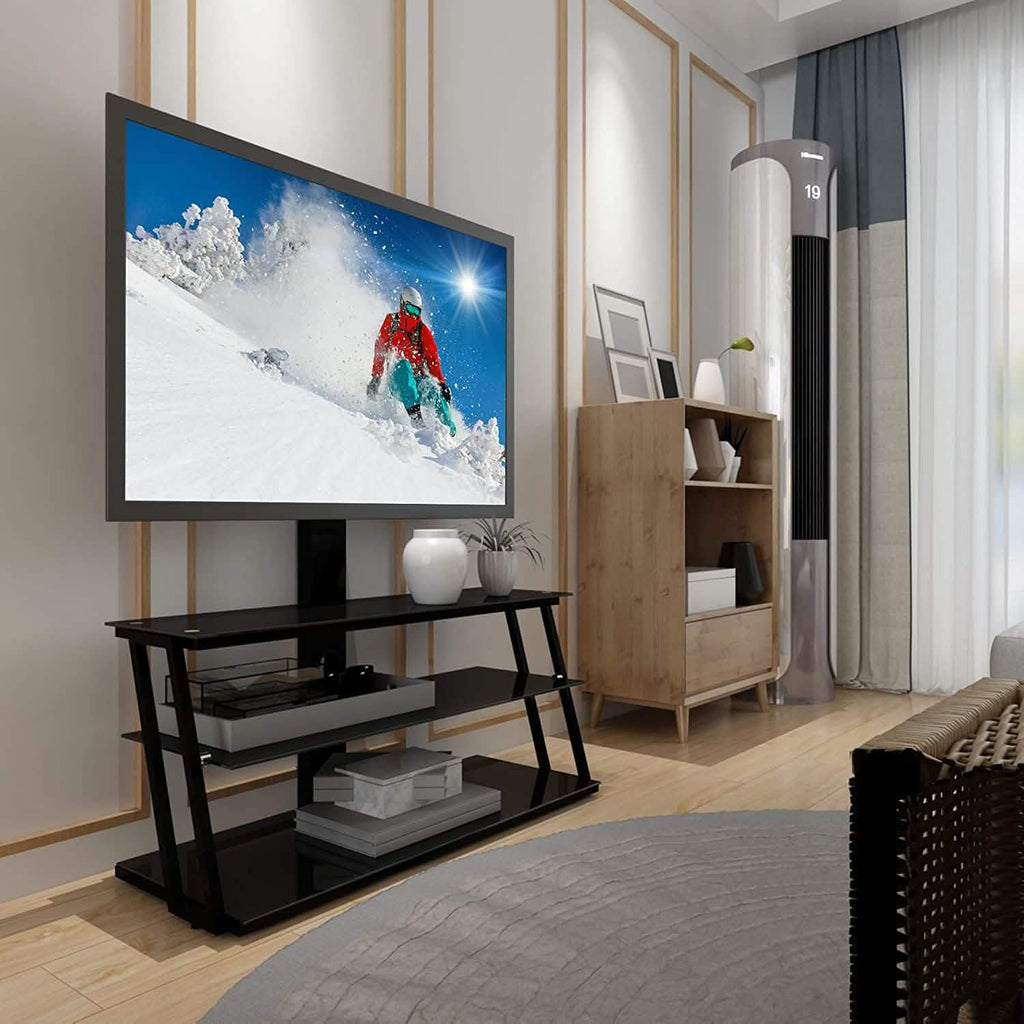 Swivel Floor TV Stand with Angle and Height Adjustable Tempered Glass TV Stand