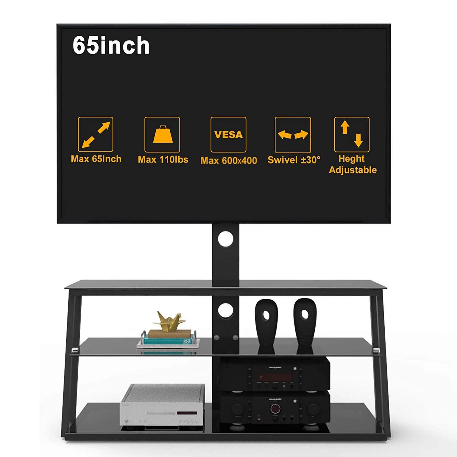 Swivel Floor TV Stand with Angle and Height Adjustable Tempered Glass TV Stand