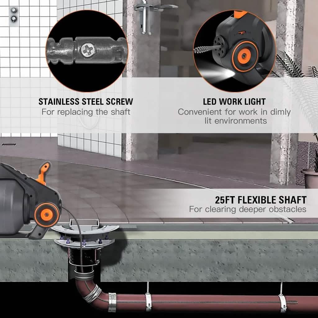 TACKLIFE Drain Snake 25Ft Automatic Cordless Drain Clog Remover