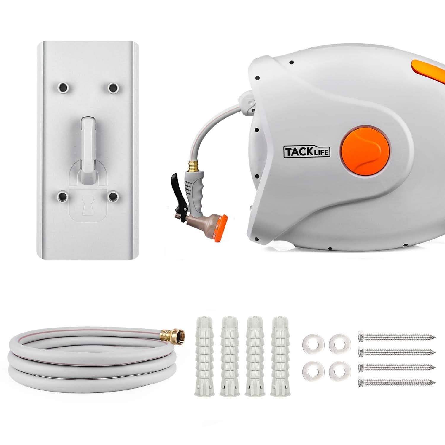 TACKLIFE Garden Retractable Hose Reel 82+8 FT 5/8'' Wall Mounted