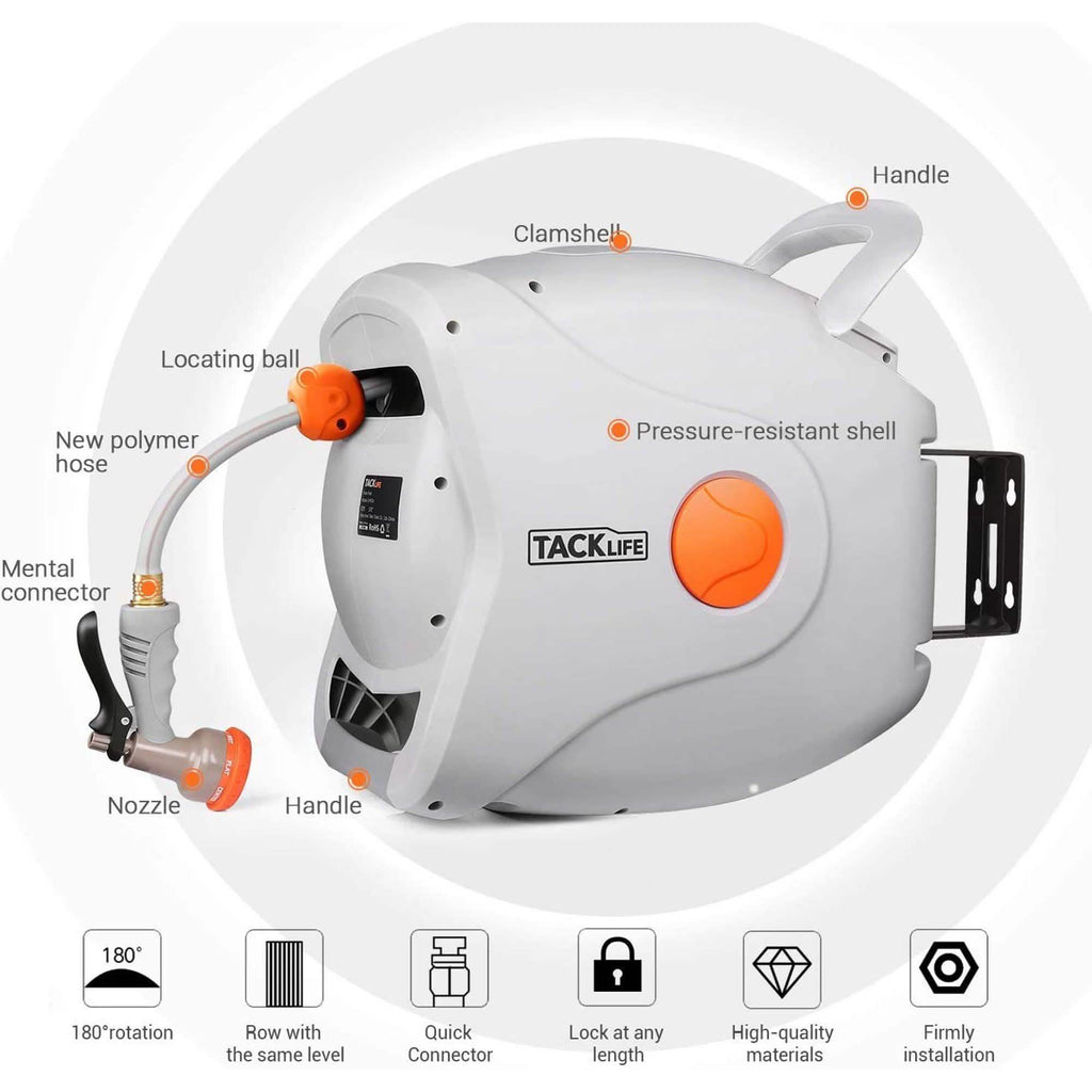 TACKLIFE Garden Retractable Hose Reel 82+8 FT 5/8'' Wall Mounted