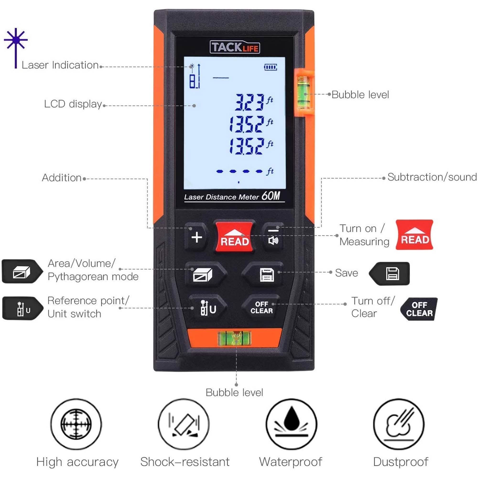 Tacklife HD60 Classic Laser Measuring Device 196Ft
