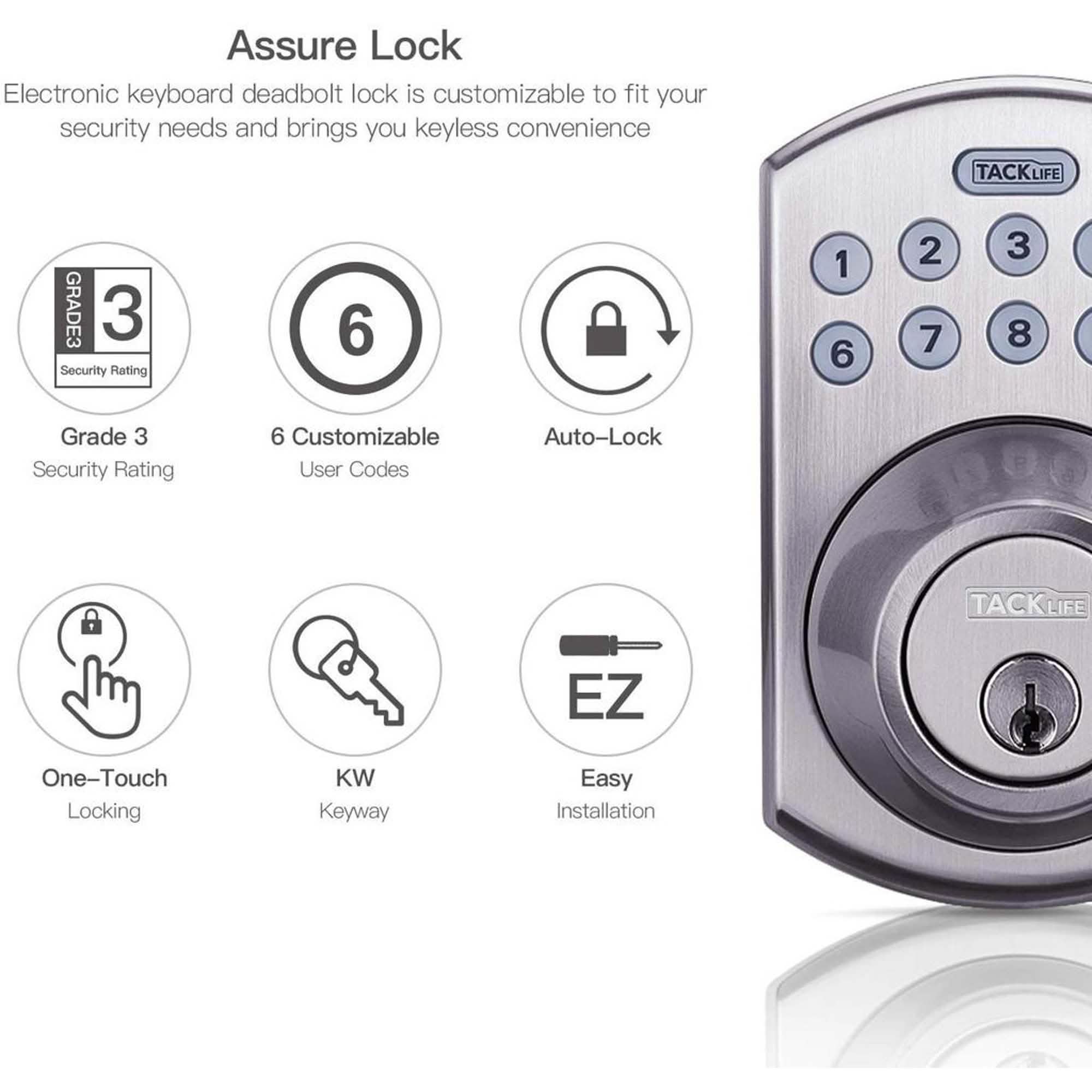 TACKLIFE Keypad Electronic Deadbolt Door Lock, Keyless Entry Door Lock With 1-Touch Motorized Auto-Locking