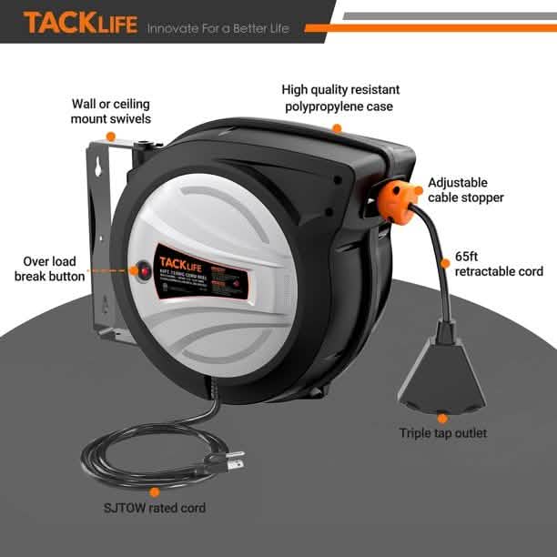 Tacklife Retractable Extension Cord, 65FT+4.5 Extension Cord Reel