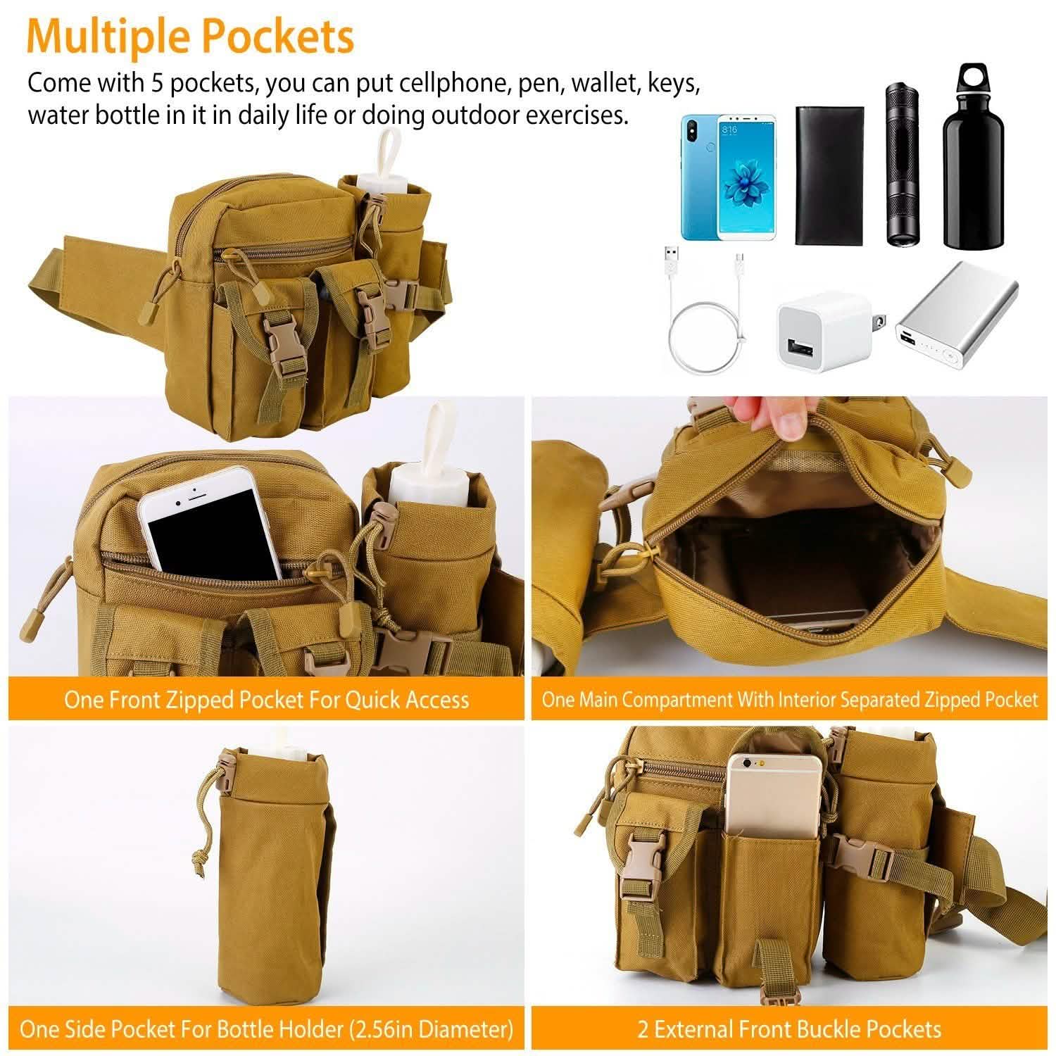 Tactical Waist Bag Utility Pouch Belt Bag with Water Bottle Pouch