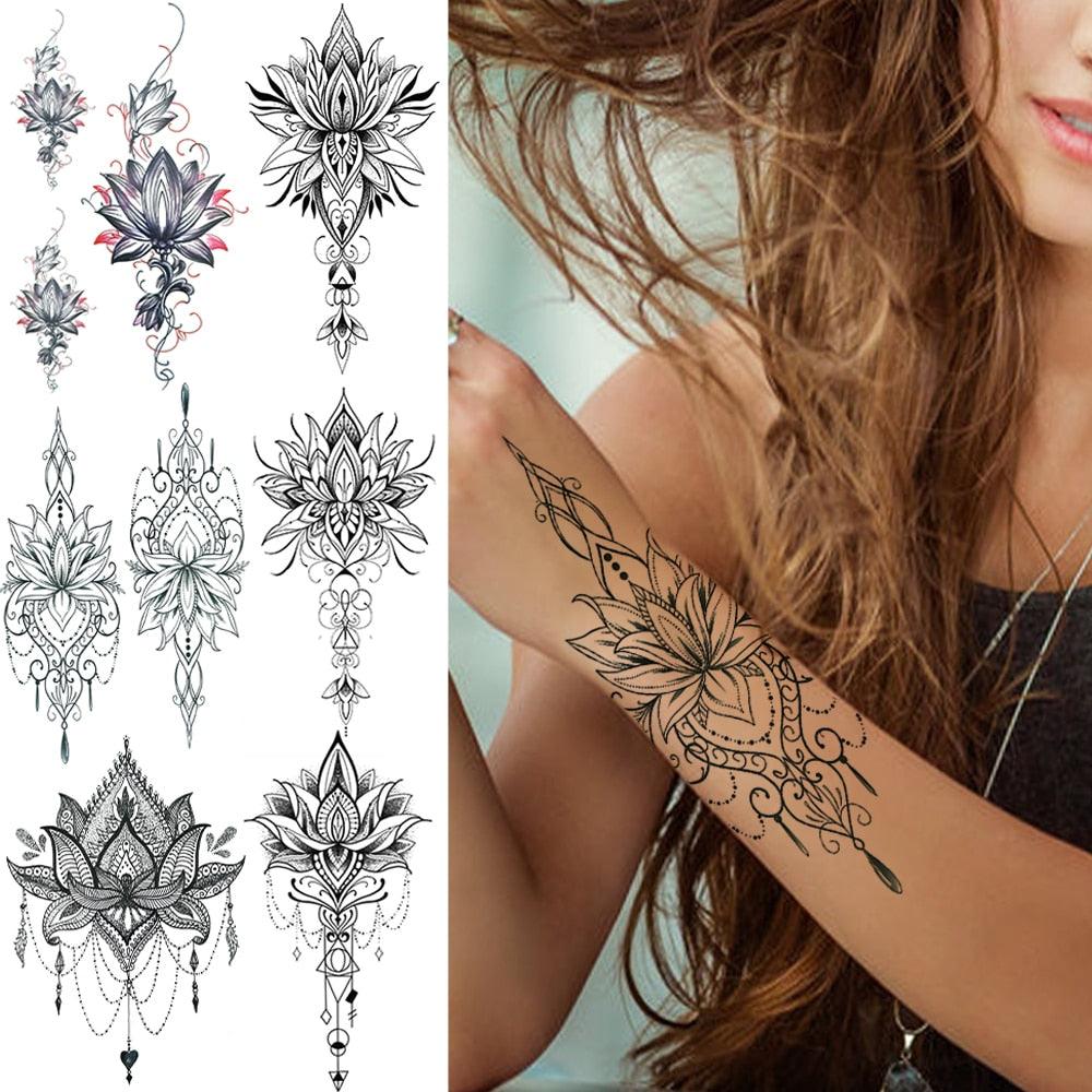 Temporary Lotus Flower Sticker Tattoo Fake Black Elegant Flower Design Women Body Art Fake Arm Tattoo Stickers For Womens