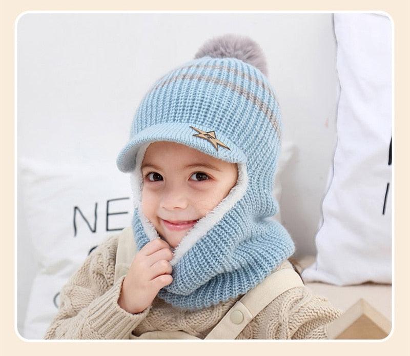 Thick Knitted Acrylic Winter Beanie Hats For Kids Child Outdoor Warm Balaclava Cap Girls Boys Bib Mask Face Cover Hairball Hat  Beanie Cap Mask Scarf Hat Set Outdoor Sport Warm Beanies Hat For Men Knitted Hats Bandana Hiking Camping Kid Neck Warmer Cap