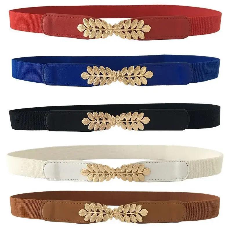 Thin Elastic Stretch Women Buckle Skinny Fashion Belts Metal Leaf Buckle Design Belts For Ladies