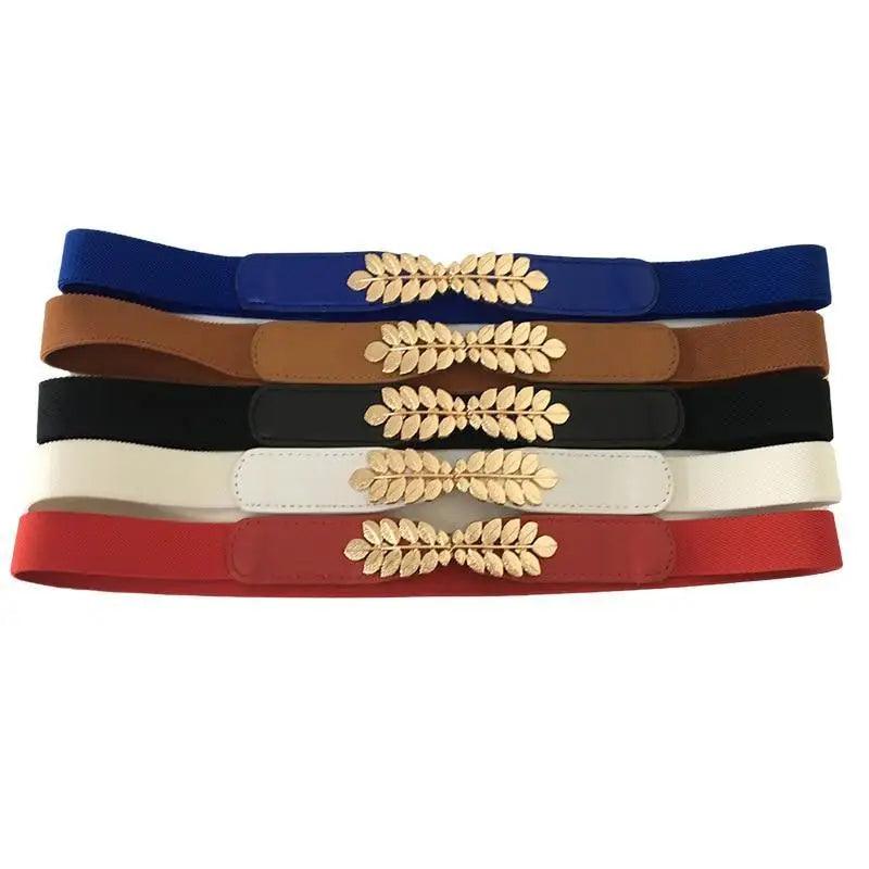Thin Elastic Stretch Women Buckle Skinny Fashion Belts Metal Leaf Buckle Design Belts For Ladies