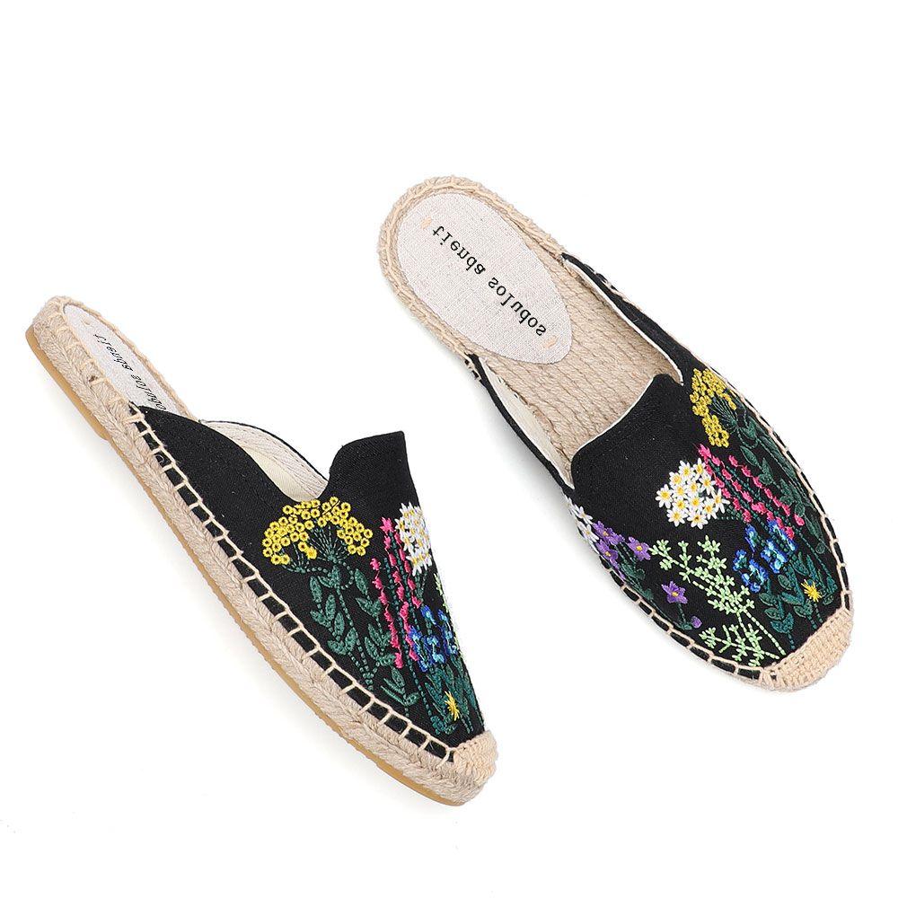 Top Cotton Rubber Flowers Summer Indoor Women's Espadrilles Flat Bottom Shoes Slippers Linen Slip-On Shoes With Lightweight Drop-in Heel Design Braided Beautiful Espadrilles