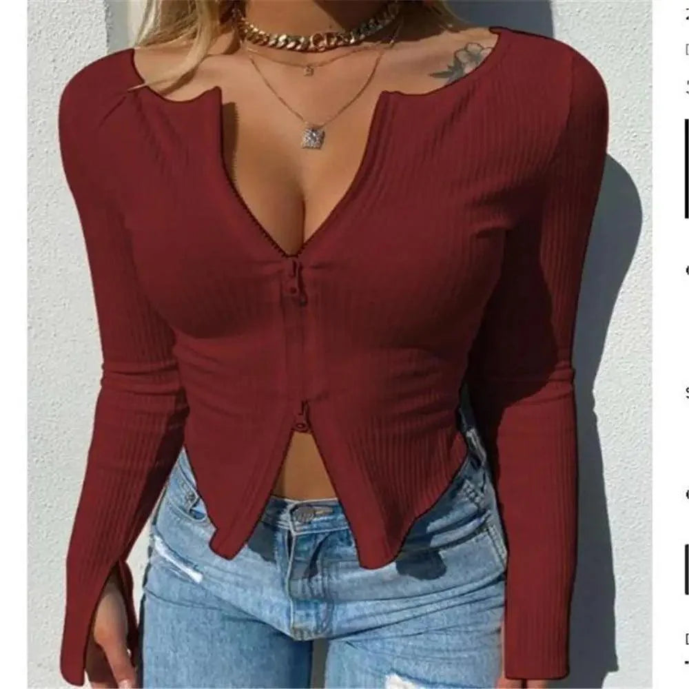Top fashion Women Ribbed Knitted Long Sleeve Elegant Cute Fashion Crop Tops for Summer
