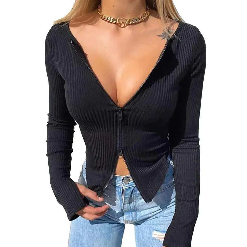 Top fashion Women Ribbed Knitted Long Sleeve Elegant Cute Fashion Crop Tops for Summer