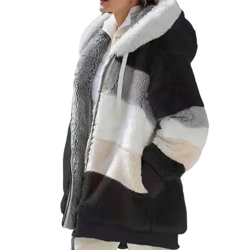 Plus Size Jacket Women Autumn Winter Long Sleeve Color Block Zipper Fluff Hooded Warm Coat Jacket