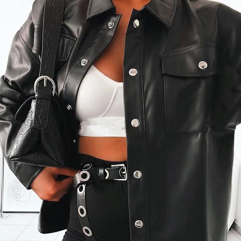 Top Quality Punk Style Women Autumn Leather Jacket Turn-down Collar Streetwear Cool Jackets Ladies Pocket Oversized Pop Jackets
