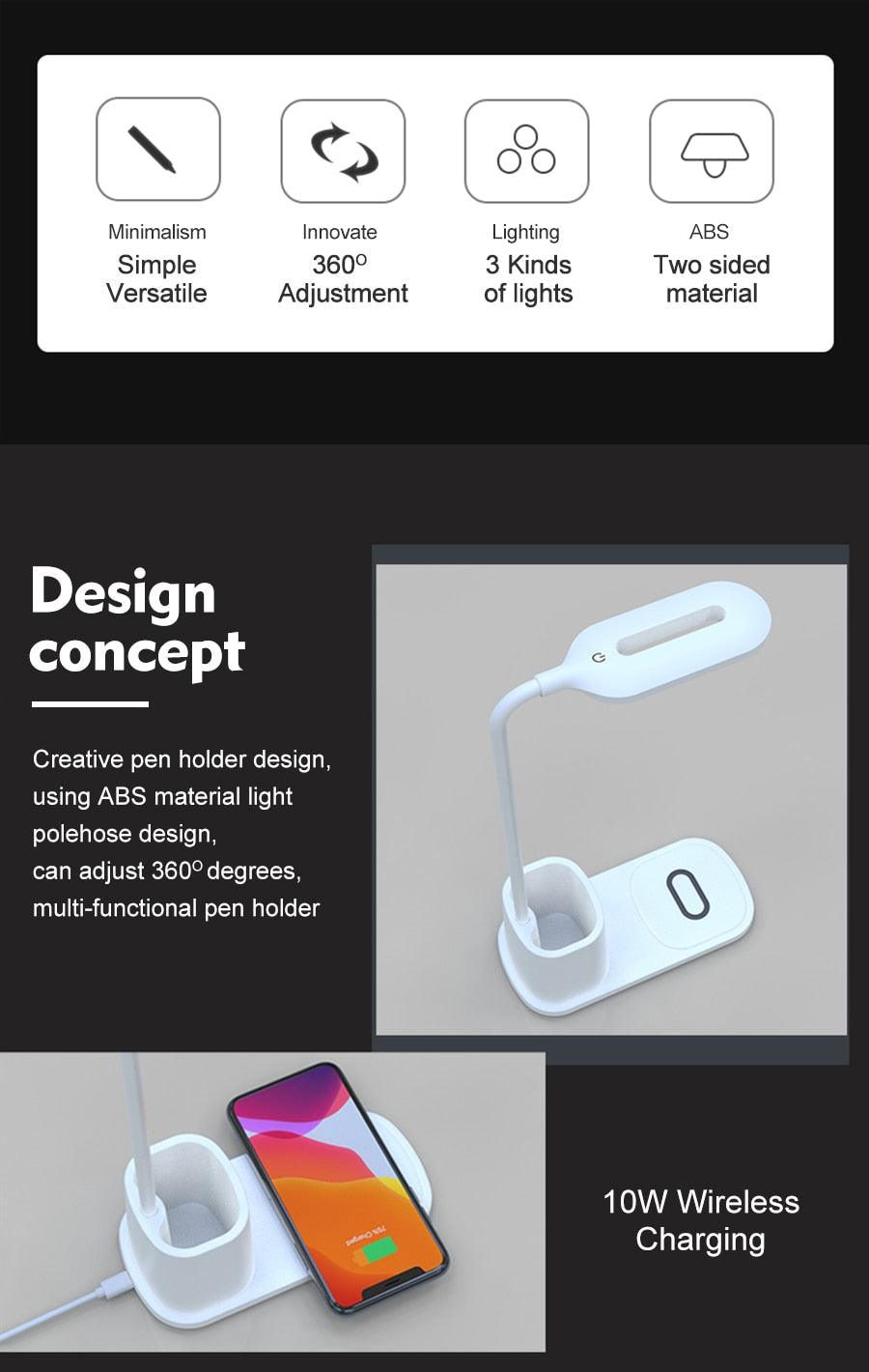 Touch Dimmable LED Desk Lamp 10W Wireless Charging/USB  Charging Table Light for Children Kids Reading Study Bedside Bedroom Decorative Table Lamp Cute Study Lamps for Bedroom Décor