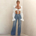 Trendy Summer cute casual elegant puff long sleeve ruffle lace up best fashion Ruched crop top shirts
