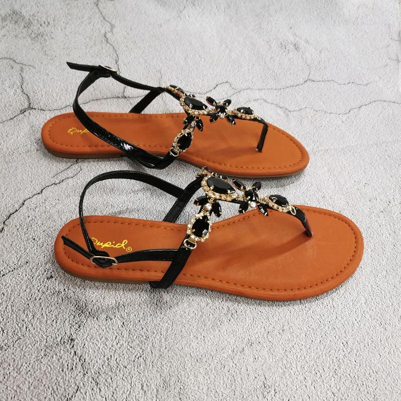 Trendy Summer Women's Shoes Beautiful Crystal Shiny Flat Sandals With Back Strap Footwear Rhinestones Flat Sandals Strappy Comfort Open Toe Flat Women Sandals