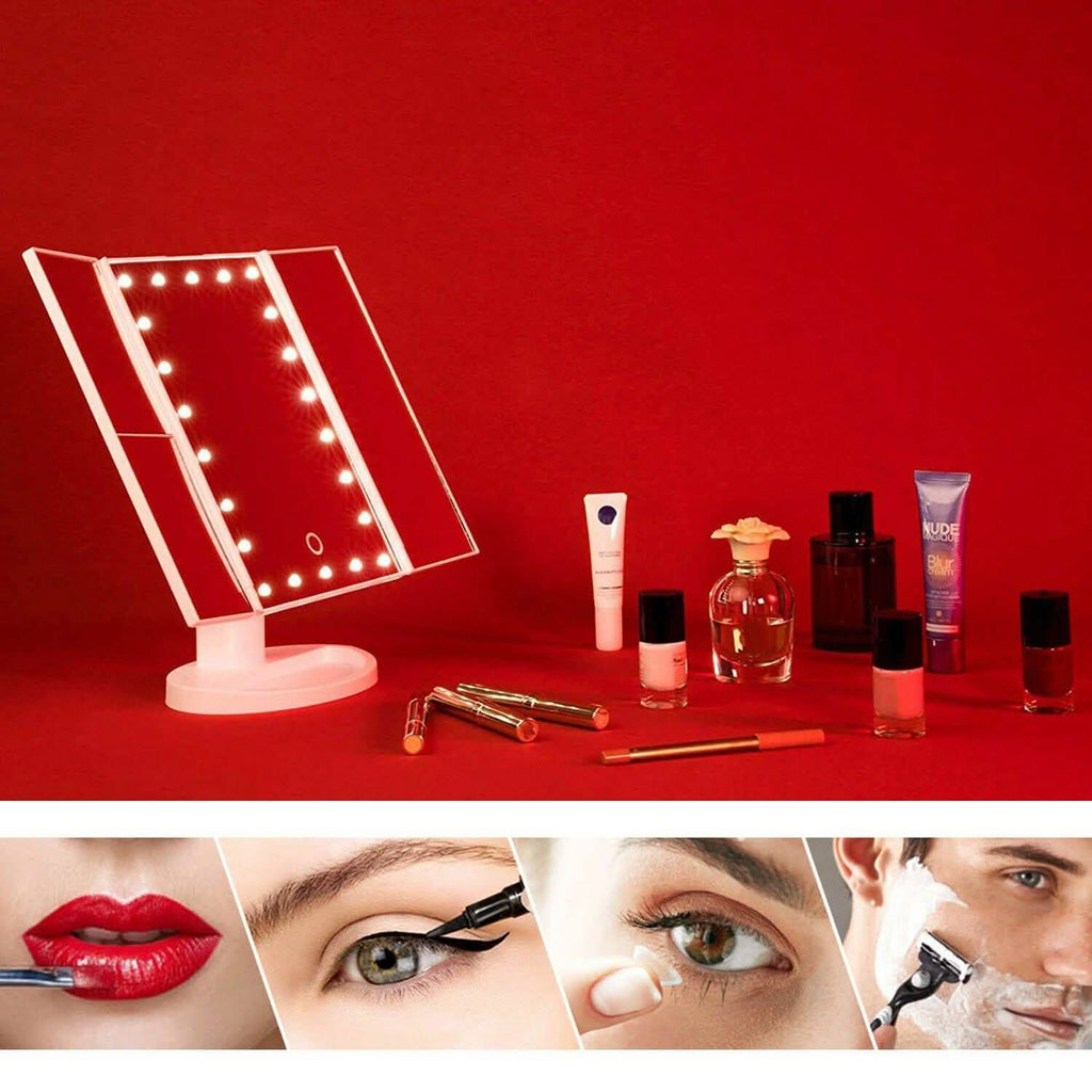 Tri-fold Vanity Makeup LED USB Touch Screen 10X Magnifing Mirror