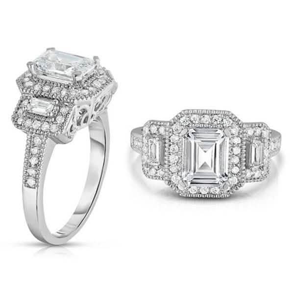 Tri Stone Emerald Cut Cubic Zirconia Ring in 18k White Gold - Size: 9