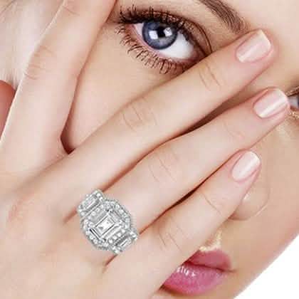 Tri Stone Emerald Cut Cubic Zirconia Ring in 18k White Gold - Size: 9