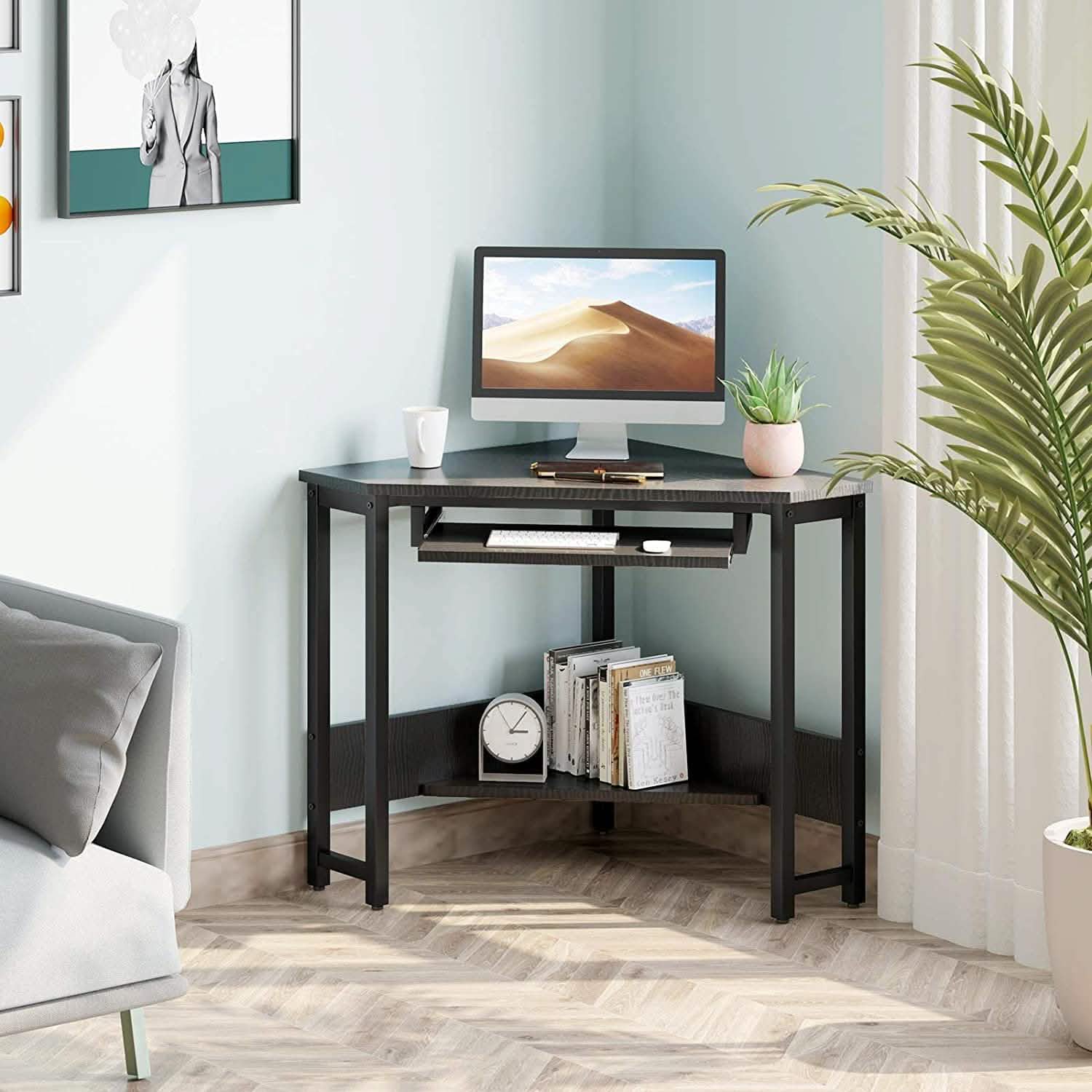 Triangle Computer Desk, Smooth Keyboard Tray& Storage Shelves
