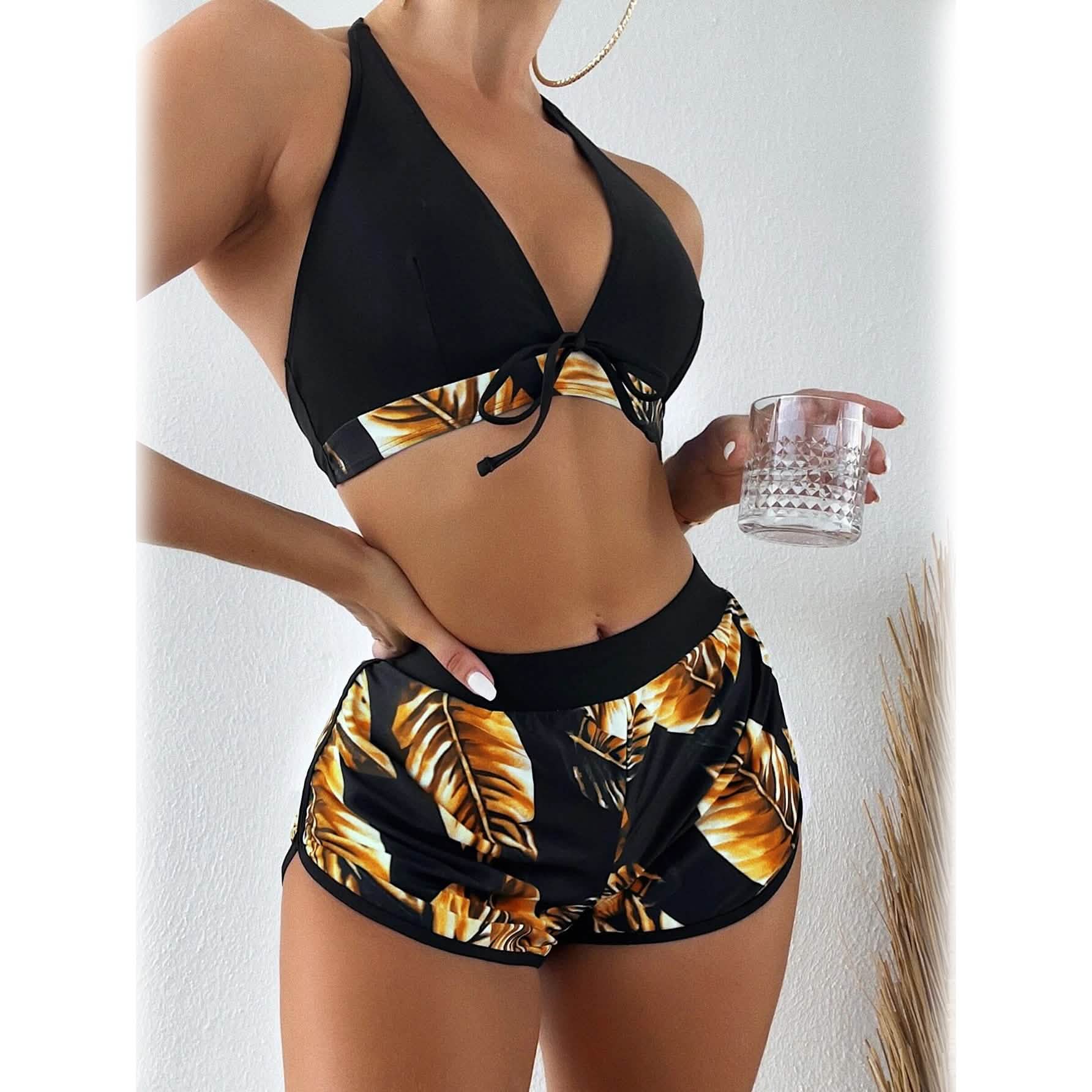 Tropical Print Halter Bikini Swimsuit with Swim Short