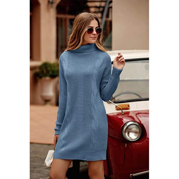 Turtleneck Pullover Sweaters Casual Long Sleeve Plain Winter Knit Sweater Dress