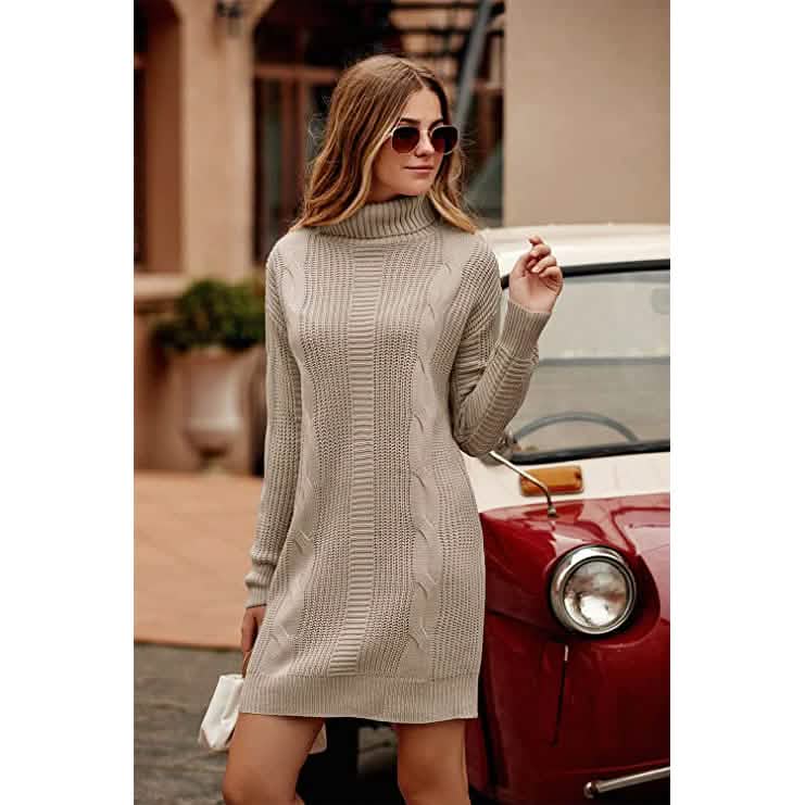 Turtleneck Pullover Sweaters Casual Long Sleeve Plain Winter Knit Sweater Dress
