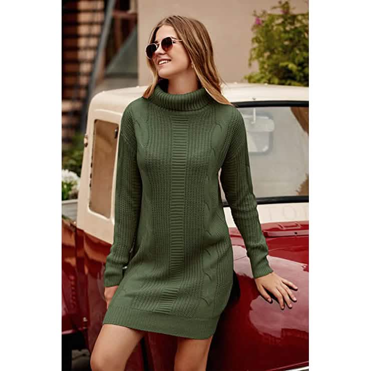 Turtleneck Pullover Sweaters Casual Long Sleeve Plain Winter Knit Sweater Dress