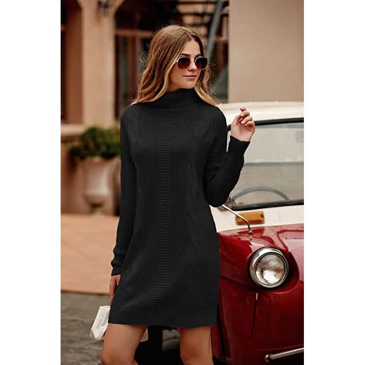 Turtleneck Pullover Sweaters Casual Long Sleeve Plain Winter Knit Sweater Dress