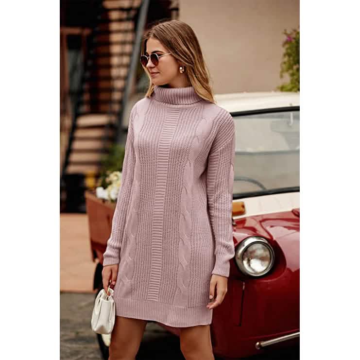 Turtleneck Pullover Sweaters Casual Long Sleeve Plain Winter Knit Sweater Dress