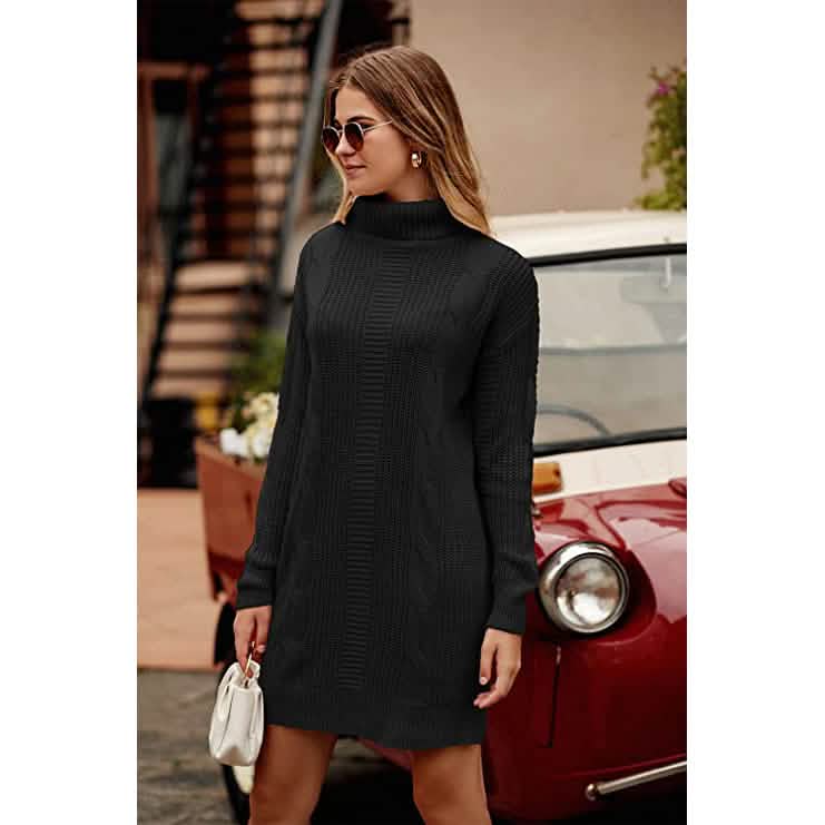 Turtleneck Pullover Sweaters Casual Long Sleeve Plain Winter Knit Sweater Dress