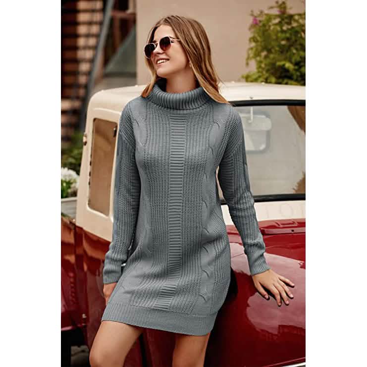 Turtleneck Pullover Sweaters Casual Long Sleeve Plain Winter Knit Sweater Dress