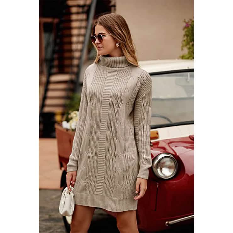 Turtleneck Pullover Sweaters Casual Long Sleeve Plain Winter Knit Sweater Dress