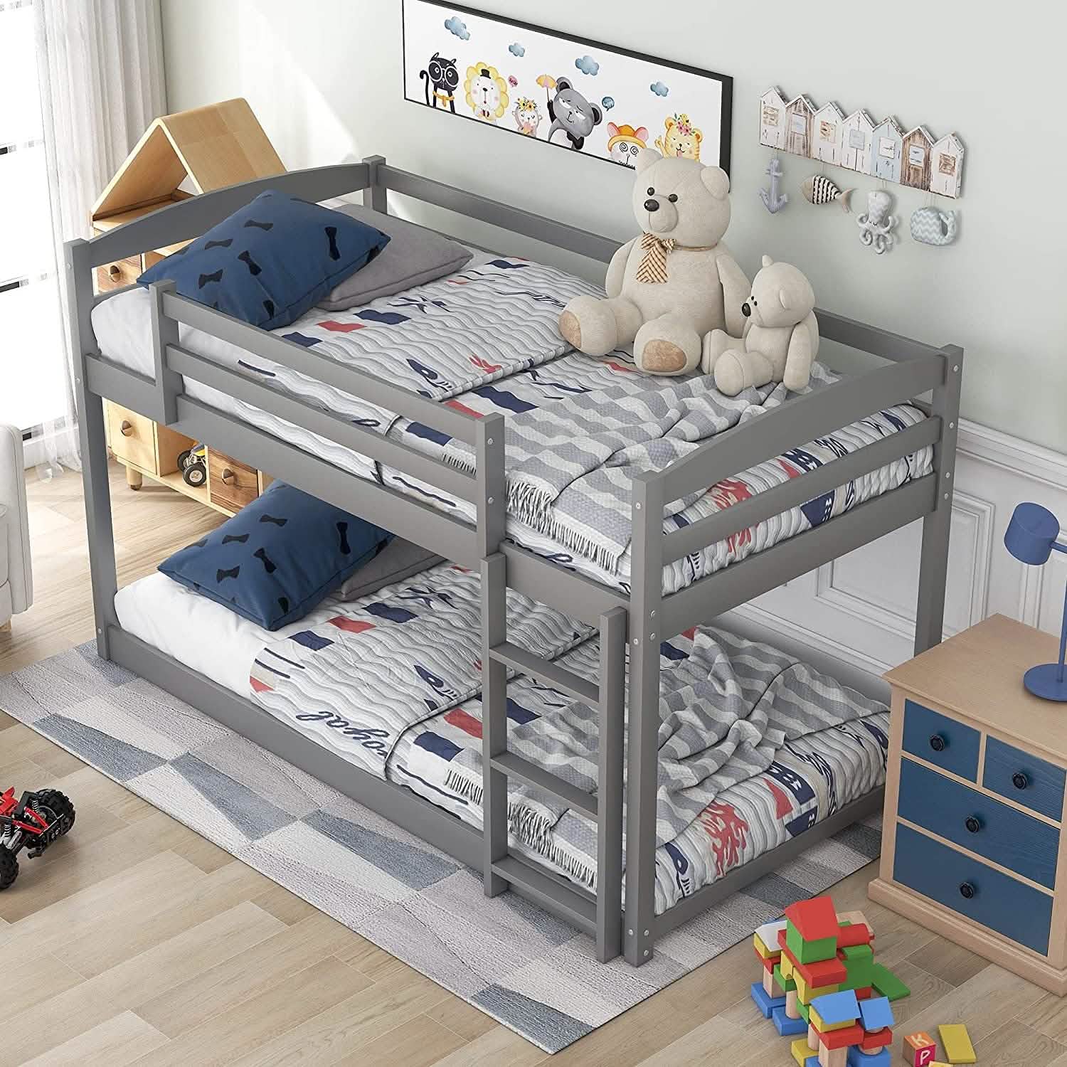 Twin Over Twin Floor Bunk Bed with Ladder
